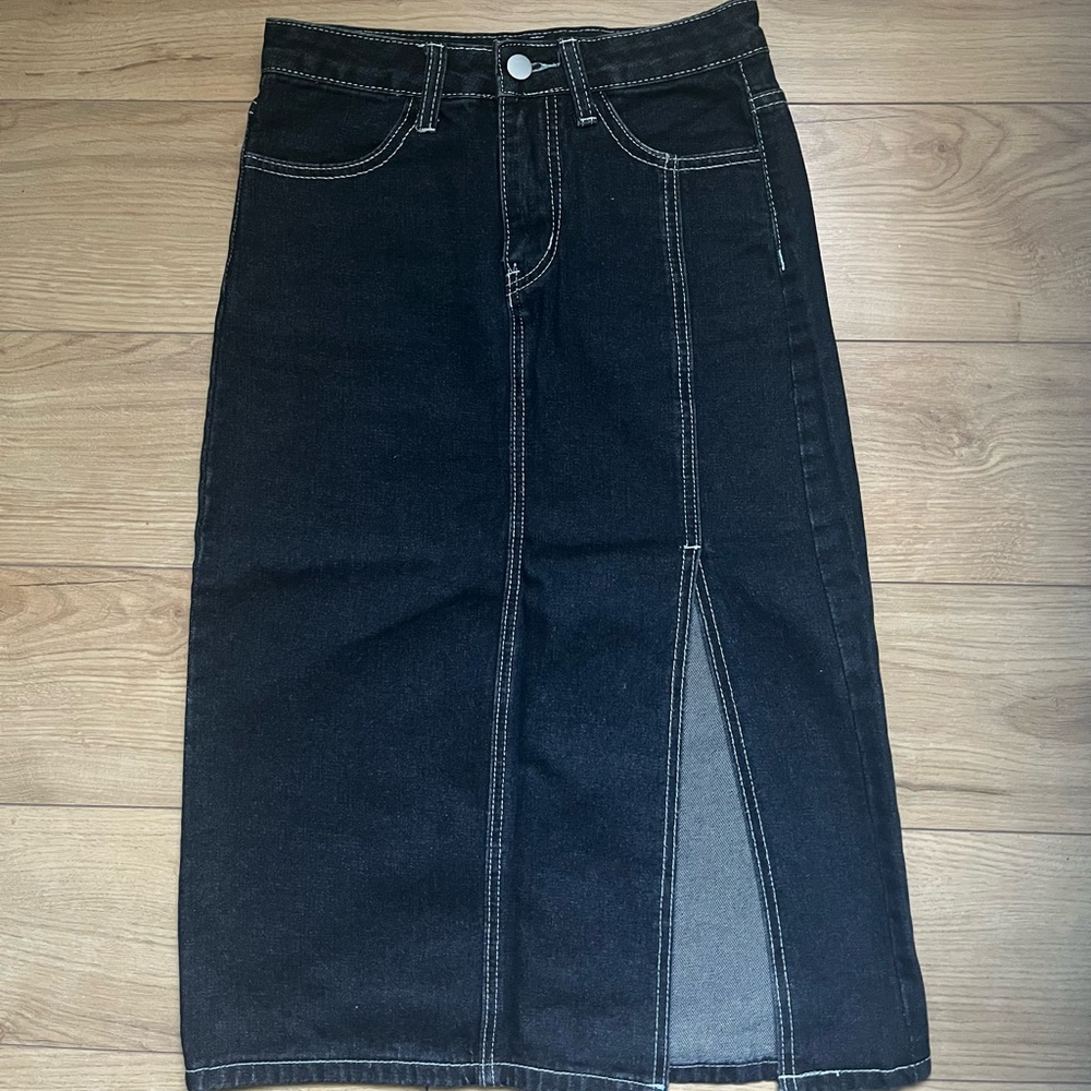 Slit Denim Midi Pencil Skirt